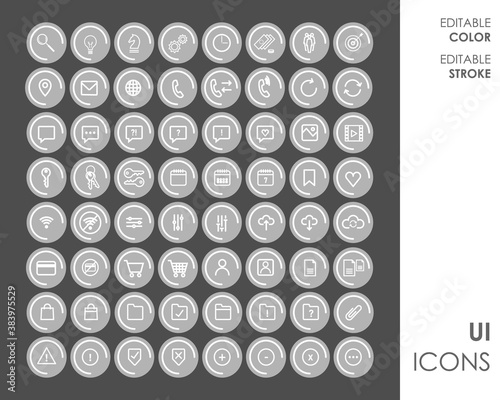 Modern simple icon pack. Lined icon stroke. Contrast circle background. flat icon set, elements, UI, symbol