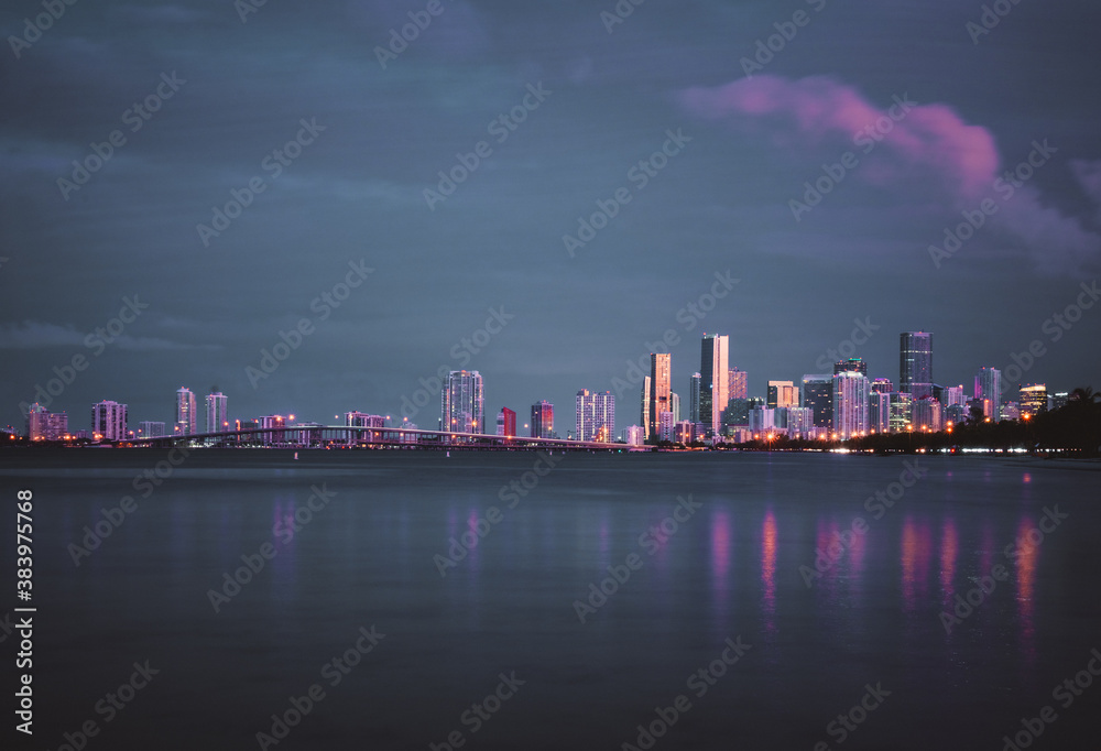 country skyline at night miami florida bridge buildings usa sky reflections 
