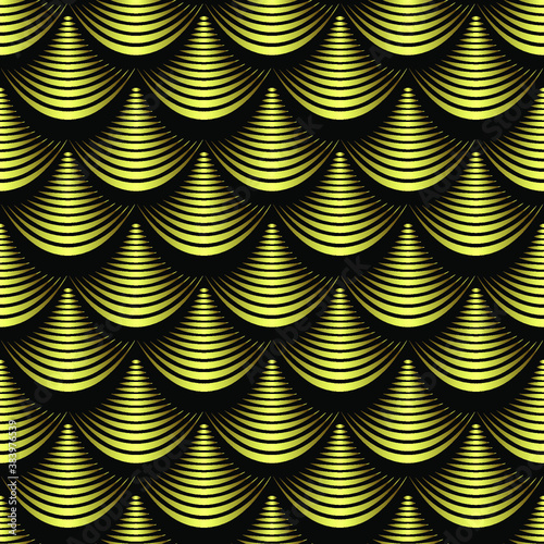 Gold seamless 3d geometric pattern. Golden curtain, marquise, mandala on black background. Gold endless wallpaper