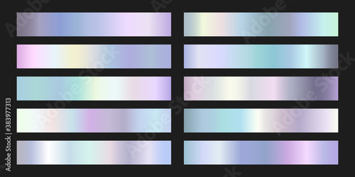 Collection of iridescent silver foil gradients. Vector illustration of holographic neon metallic texture set. Realistic metal design template elements