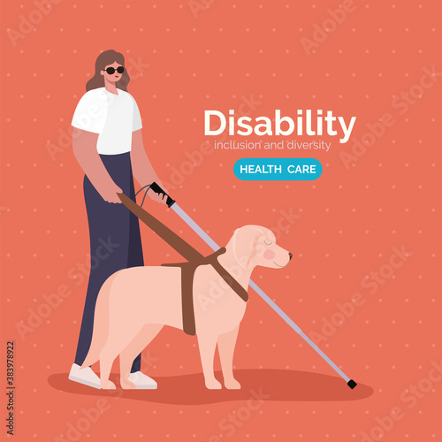 disability blind woman cartoon with cane and dog vector design