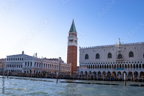 A view towards St Mark`s Campanile as it overlooks the Grand Canal 