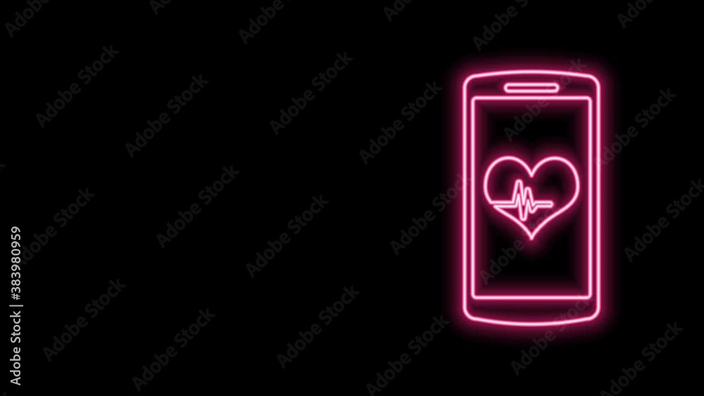 Glowing neon line Smartphone with heart rate monitor function icon isolated on black background. 4K Video motion graphic animation Glowing neon line Smartphone with heart rate monitor function icon isolated on black background. 4K Video motion graphic animation