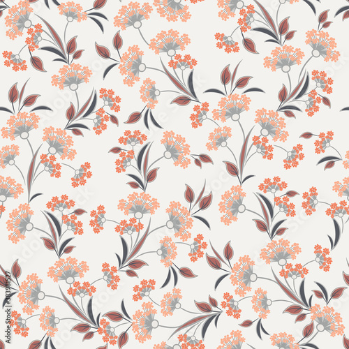 Vector floral seamless pattern. Abstract background with simple small orange flowers  leaves  branches. Liberty style wallpapers. Elegant ditsy texture. Repeat natural design for decor  textile  print