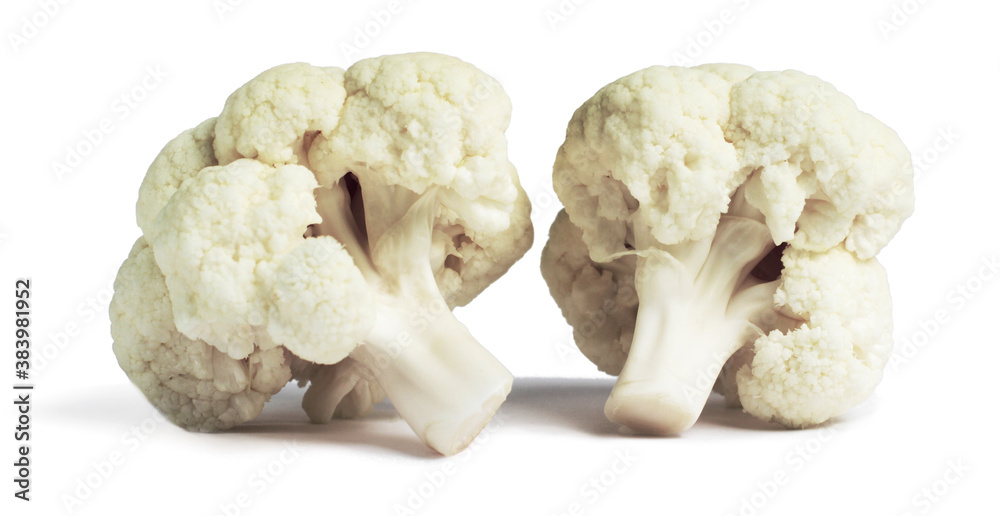 Cauliflower white background isolated. Ripe fresh cauliflower. Group. Two Cauliflower white background isolated. Ripe fresh cauliflower. Group. Two