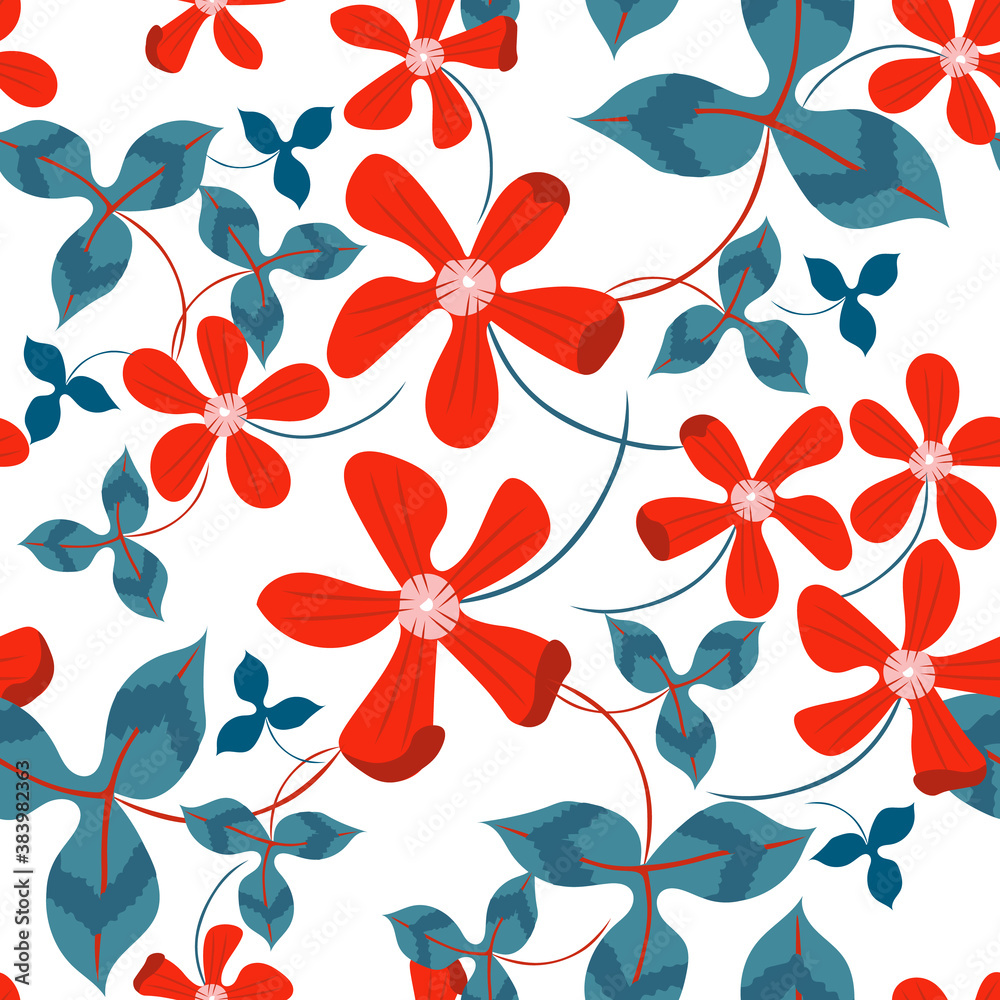 Floral seamless pattern. Simple vector texture with hand drawn red flowers, blue leaves. Beautiful summer abstract background. Modern doodle style painting. Elegant repeat design for decor, print Floral seamless pattern. Simple vector texture with hand drawn red flowers, blue leaves. Beautiful summer abstract background. Modern doodle style painting. Elegant repeat design for decor, print