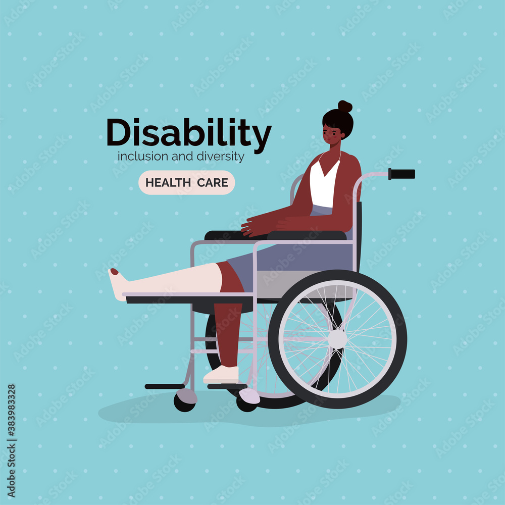 Fototapeta premium disability black woman cartoon with leg cast on wheelchair vector design