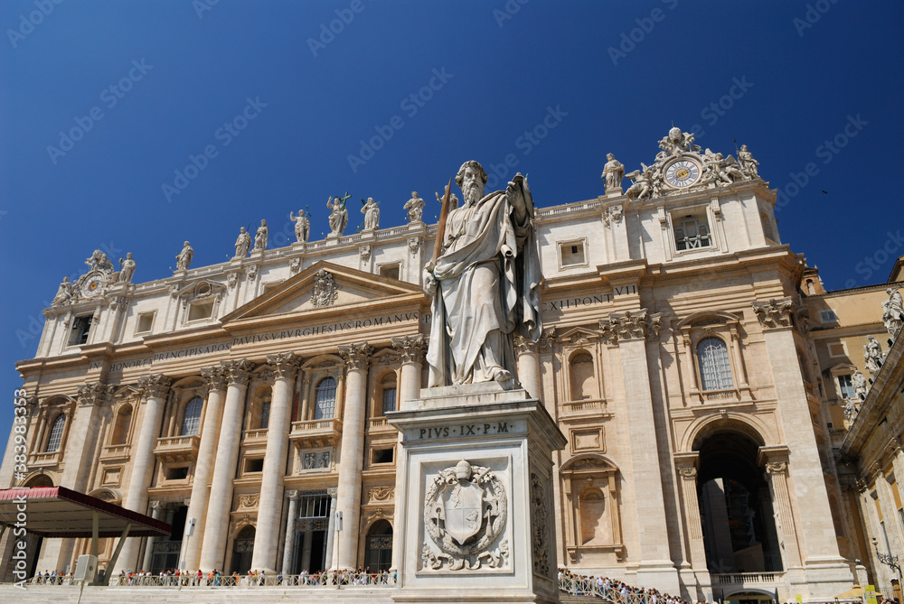 Statue of St Paul with lineup at Saint Peters Basilica in Rome