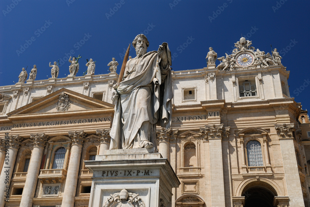 Statue of St Paul in front of Saint Peters Basilica in Rome