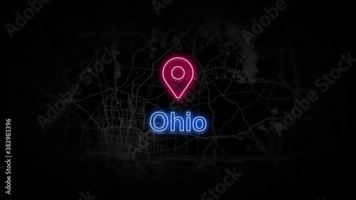 Ohio State of the United States of America. Animated neon location marker on the map. Easy to use with screen transparency mode on your video. 4k 30 fps.