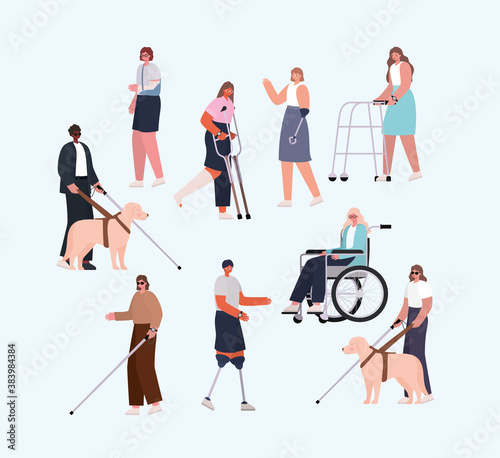 disability people cartoons with wheelchair prosthesis and cast vector design