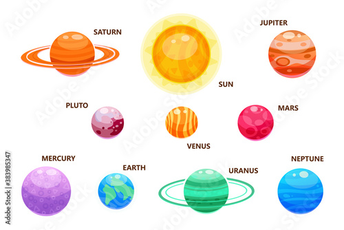 solar system planets educational poster, set of multicolored mars, venus, jupiter, neptune, sun, earth, uranus, saturn starry sky, milky way galaxy, mockup for school astronomy teaching eps 10