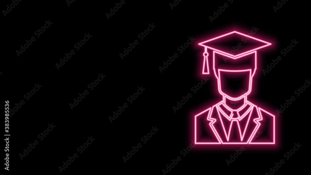 Glowing neon line Male graduate student profile with gown and graduation cap icon isolated on black background. 4K Video motion graphic animation Glowing neon line Male graduate student profile with gown and graduation cap icon isolated on black background. 4K Video motion graphic animation