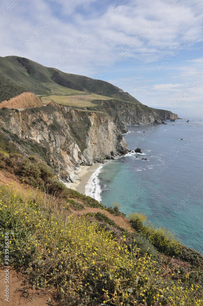 Vertical view of the rugged coast of Big Sur, along the Pacific Coast Highway in California