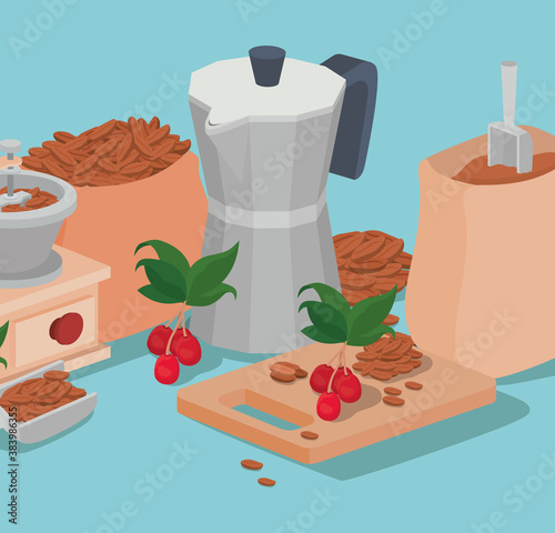 coffee moka pot bag grinder beans berries and leaves vector design