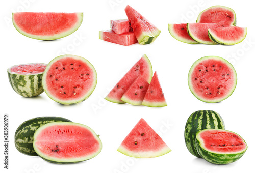 Fototapeta Naklejka Na Ścianę i Meble -  Set of fresh watermelons on white background