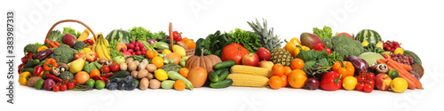 Collection of fresh organic vegetables and fruits on white background. Banner design