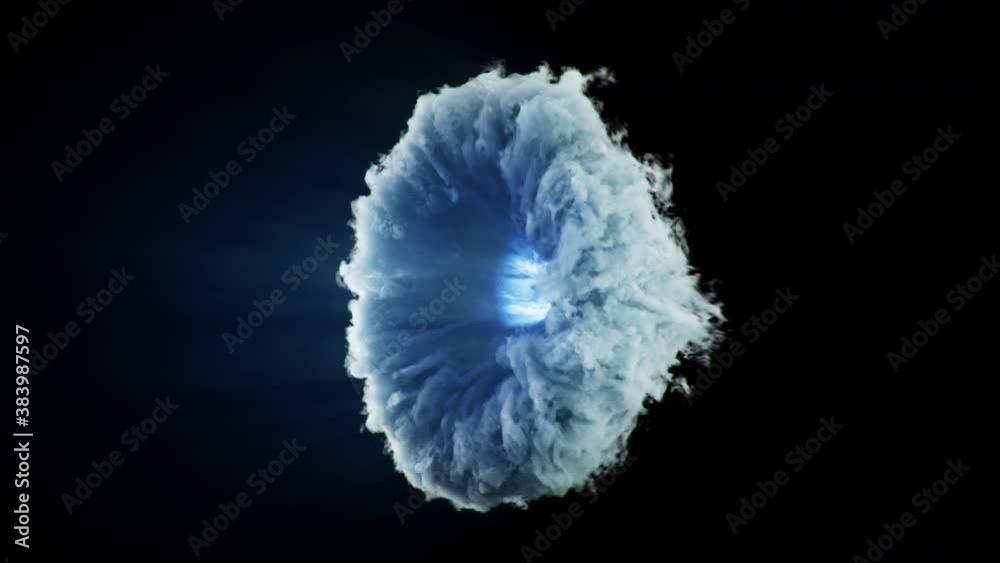 Abstract portal of clouds and smoke. Opening vortex smoke portal with shine light. Gateway to another dimension of the world. Emission blue energy within the portal. 3D, 4k animation with alpha.