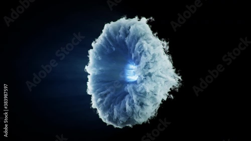 Abstract portal of clouds and smoke. Opening vortex smoke portal with shine light. Gateway to another dimension of the world. Emission blue energy within the portal. 3D, 4k animation with alpha.