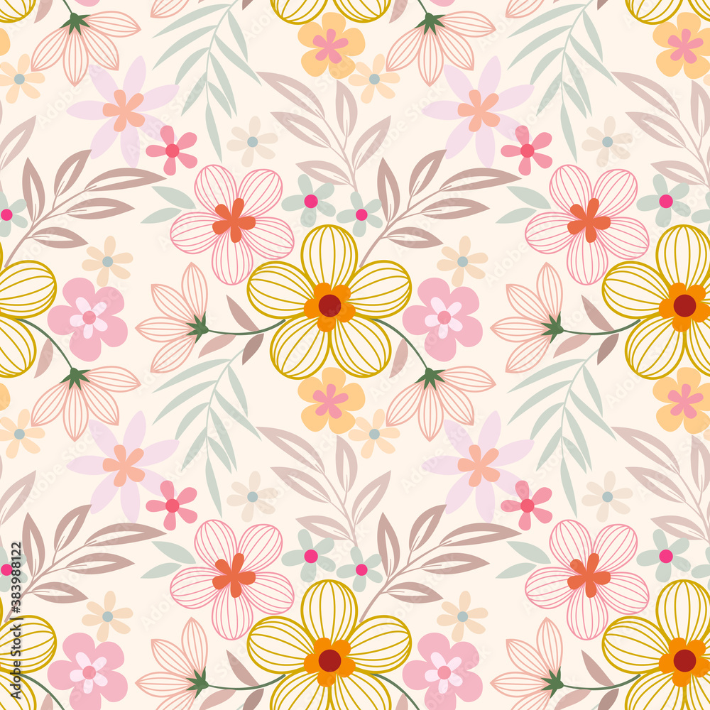 Colorful hand draw flowers seamless pattern for fabric textile wallpaper.