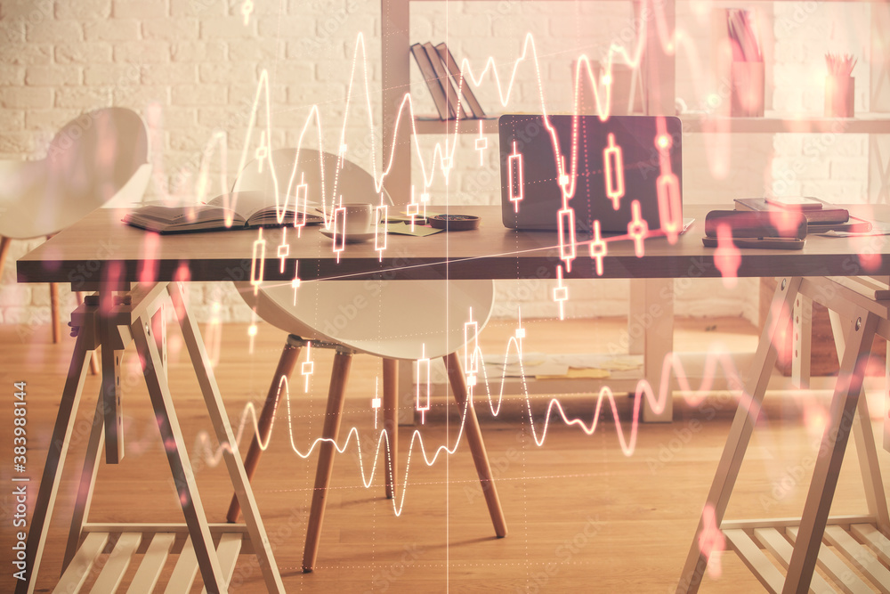 Multi exposure of stock market chart drawing and office interior background. Concept of financial analysis. Multi exposure of stock market chart drawing and office interior background. Concept of financial analysis.