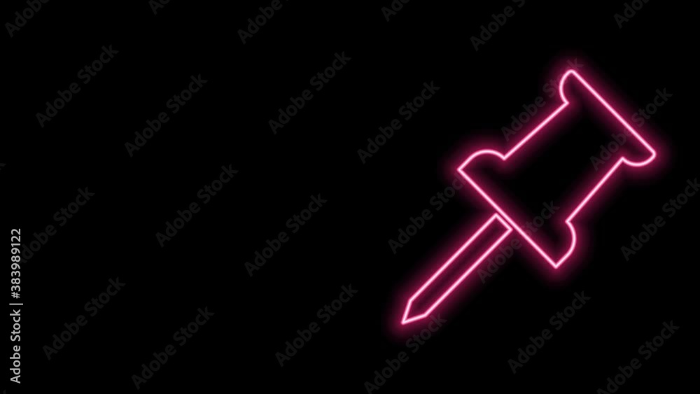 Glowing neon line Push pin icon isolated on black background. Thumbtacks sign. 4K Video motion graphic animation