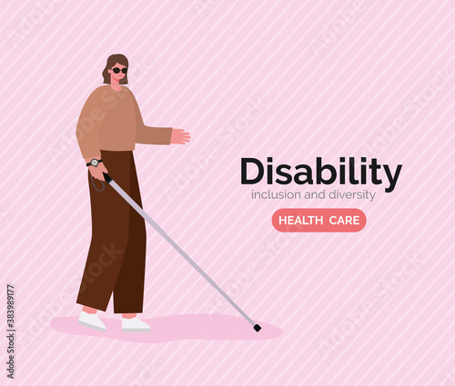 disability blind woman cartoon with glasses and cane vector design