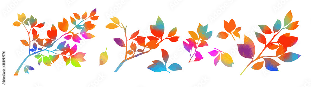 Fototapeta premium Set of abstract rainbow tree twigs. Colored leaves on a tree branch. Vector illustration