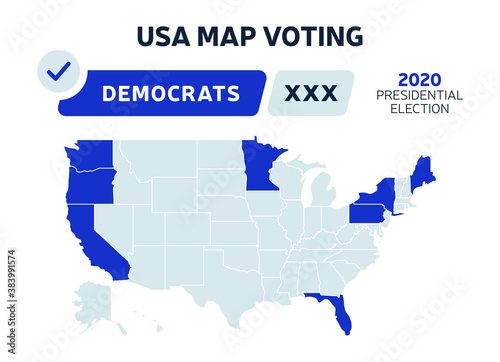 USA Presidential election Democrats results map. Usa map voting. Presidential election map each state american electoral votes showing republicans or democrats political vector infographic