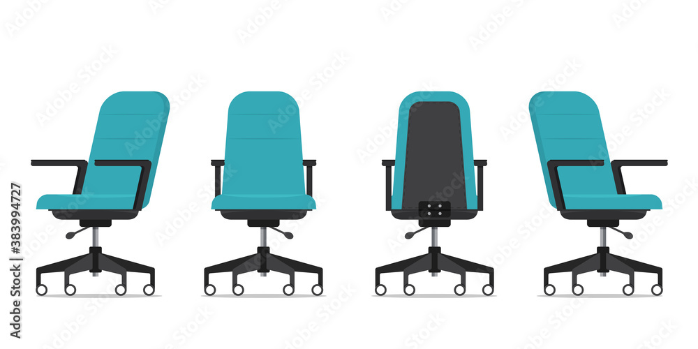 Office chair or desk chair from various points of view. Ergonomic chair in front view, rear view, side view. Furniture icon for Interior design in flat design. Vector illustration. Office chair or desk chair from various points of view. Ergonomic chair in front view, rear view, side view. Furniture icon for Interior design in flat design. Vector illustration.