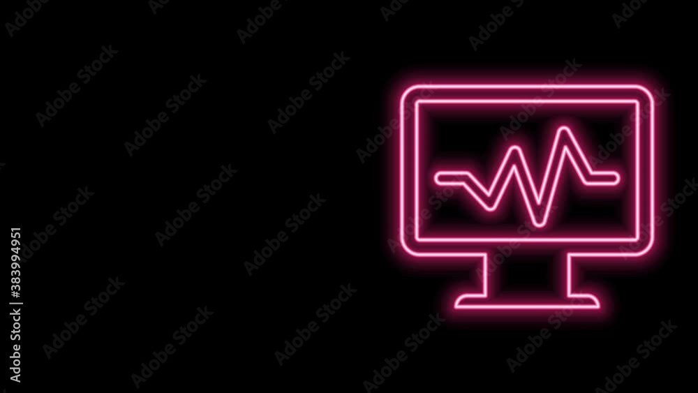 Glowing neon line Computer monitor with cardiogram icon isolated on black background. Monitoring icon. ECG monitor with heart beat hand drawn. 4K Video motion graphic animation Glowing neon line Computer monitor with cardiogram icon isolated on black background. Monitoring icon. ECG monitor with heart beat hand drawn. 4K Video motion graphic animation