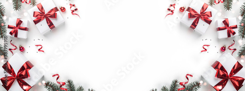 Creative frame made of Christmas fir branches, gift boxes, red decoration, sparkles and confetti on white background. Xmas and New Year holiday, bokeh, light. Flat lay, top view