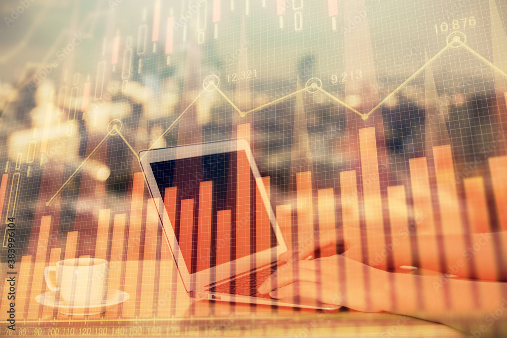Double exposure of businesswoman hands typing on computer and forex chart hologram drawing. Financial analysis concept. Double exposure of businesswoman hands typing on computer and forex chart hologram drawing. Financial analysis concept.