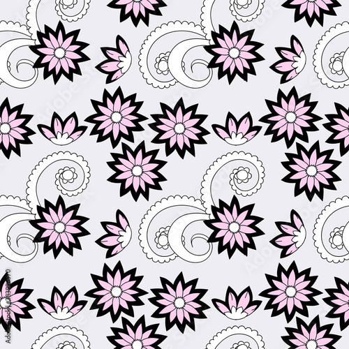 seamless pattern with black pink doodle flowers