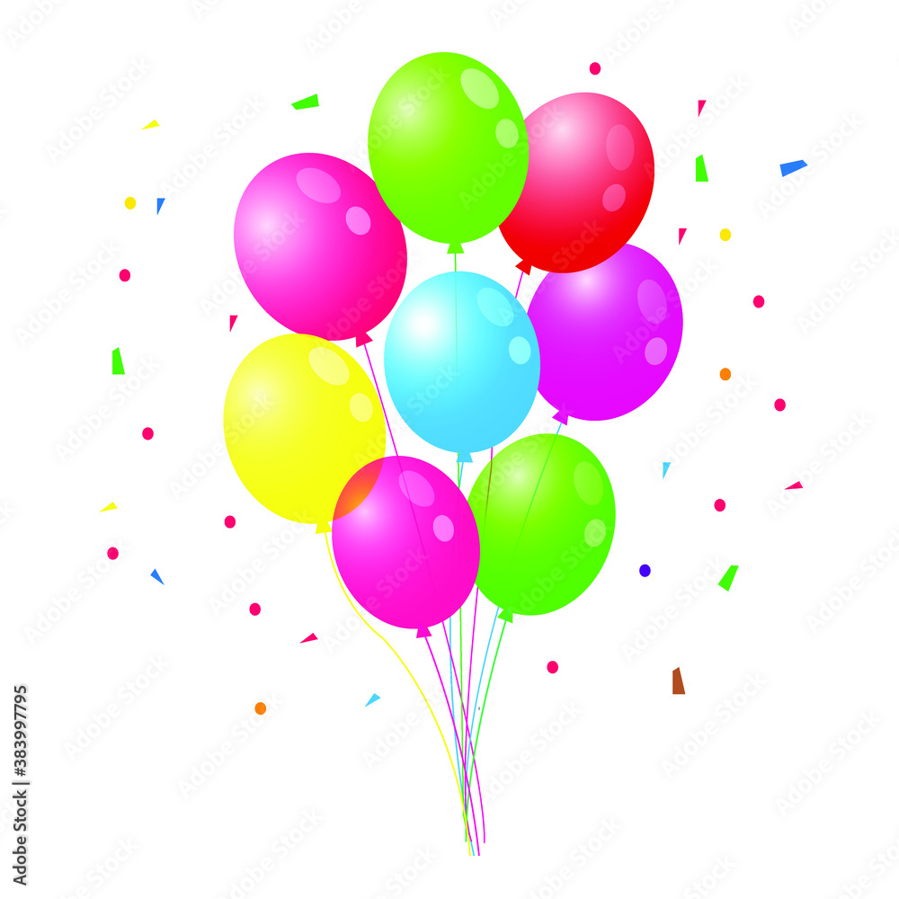 Colorful Shiny Balloons With Confetti Illustration Vector. Perfect For Birthday Greeting Card.