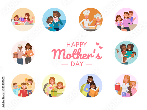 Set of Happy mother and daughter character vector design for Mother's Day concept. Presentation in various action with emotions, running, standing and walking. no2