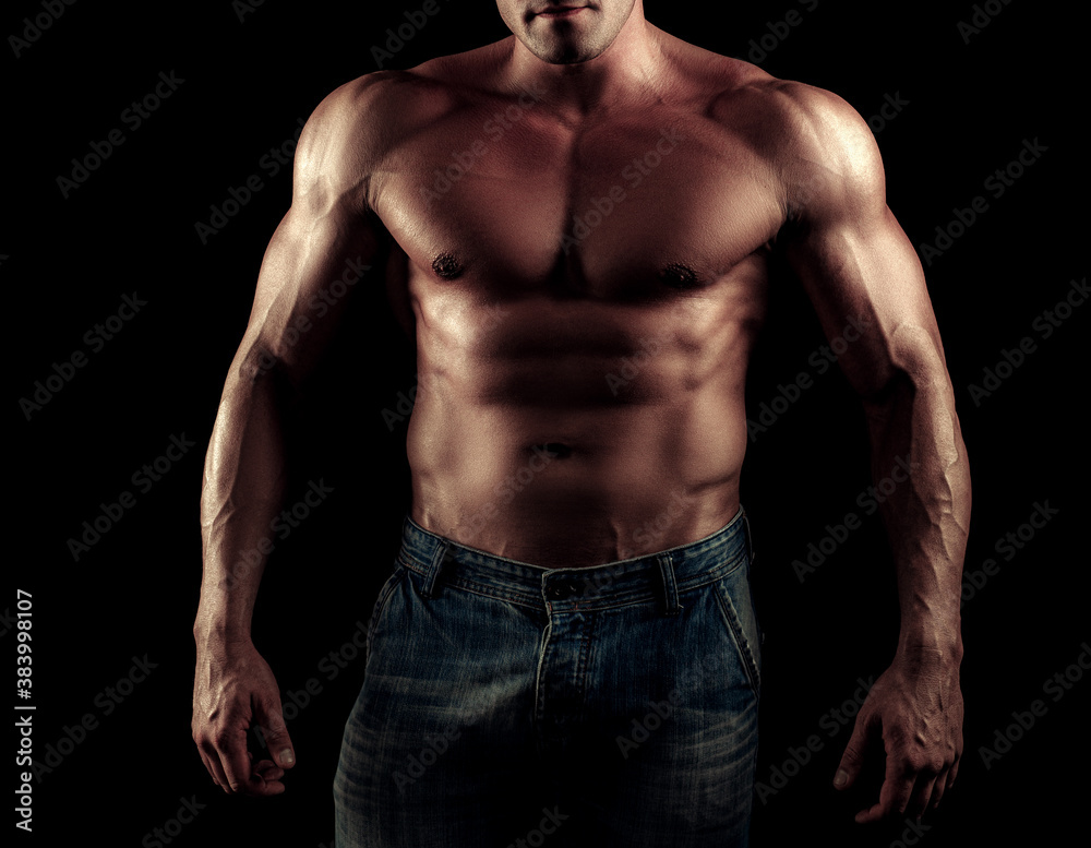 Naked man. Muscular guy with sexy torso. Handsome masculine man.