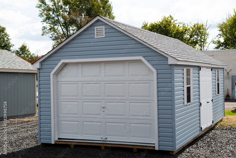 small light blue single garage