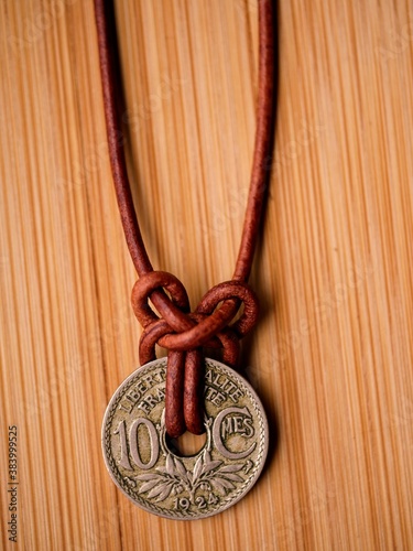 Old French Coin Knotted Leather Necklace