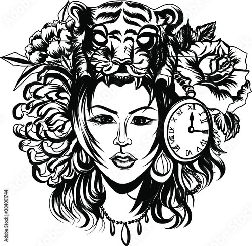 Neo Traditional Tattoo style, Native American girl with Tiger headdress Lineart old school tattoo