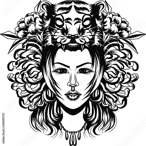 Neo Traditional Tattoo style, Native American girl with Tiger headdress Lineart old school tattoo