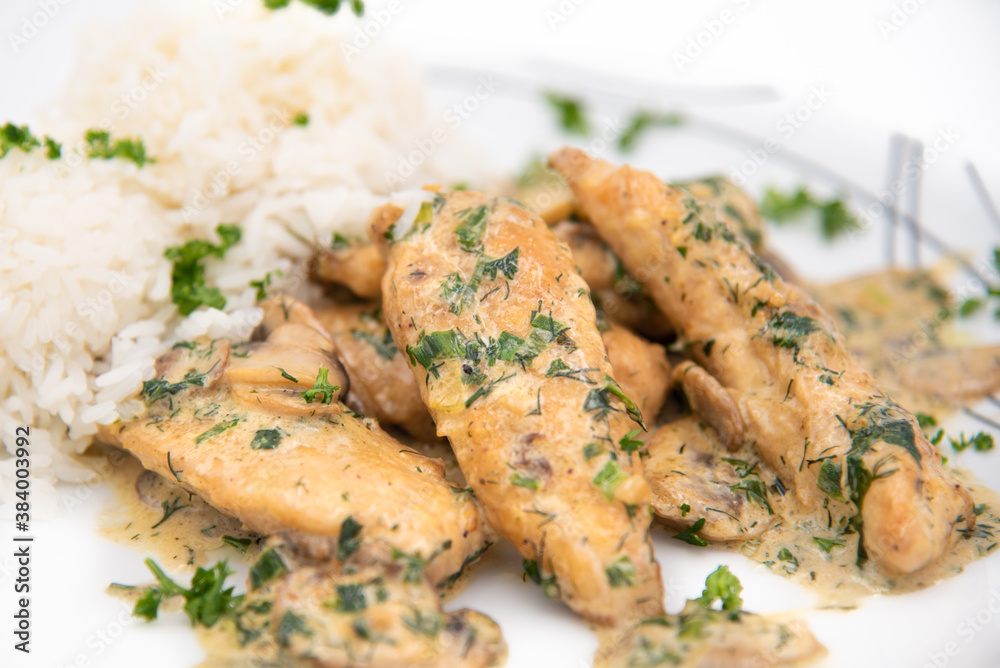 Creamy Herb Mushroom Chicken with steamed rice, dill and parsley lunch special
