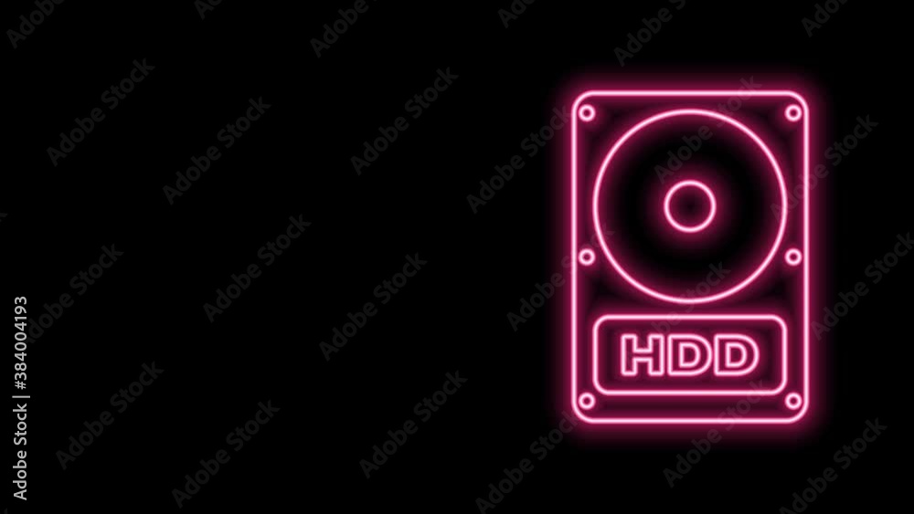 Glowing neon line Hard disk drive HDD icon isolated on black background. 4K Video motion graphic animation