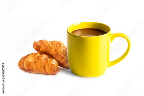 Cup of coffee and croissant isolated on white background.