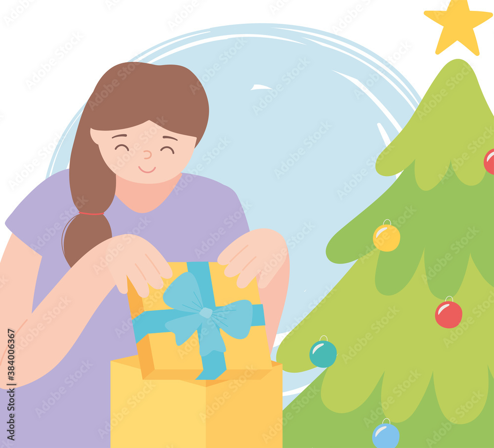 Obraz premium girl opening gift box with christmas tree cartoon
