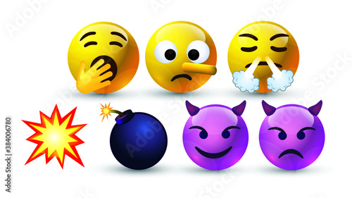 3d vector round yellow cartoon bubble emoticons social media Facebook Instagram Whatsapp chat comment reactions icon template face lying yawning steam from nose smiling horns emoji character message