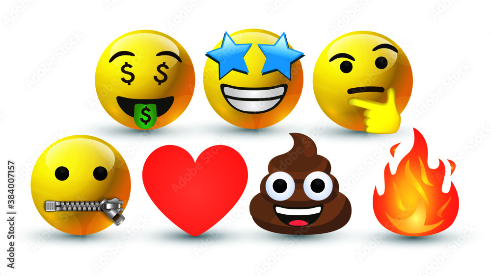 3d vector round yellow cartoon bubble emoticons social media Facebook Instagram Whatsapp chat comment reactions, icon template face money, zip, thinking fire star love heart emoji character message