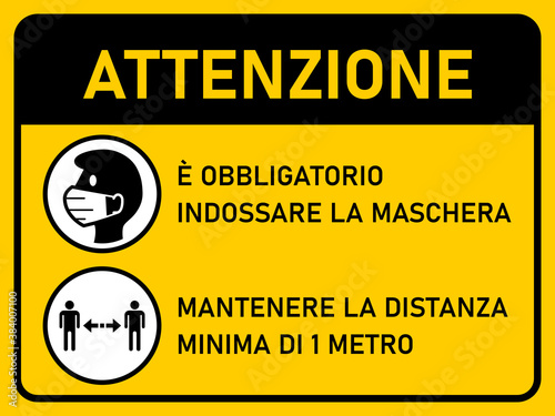 Horizontal Instruction Signboard with Basic Set of Measures against Coronavirus in Italian, including Attention Face Masks Required and Stay at least 1 Meter Apart. Vector Image.