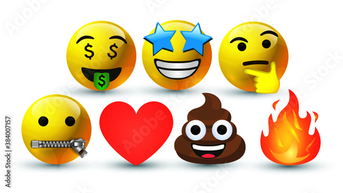 3d vector round yellow cartoon bubble emoticons social media Facebook Instagram Whatsapp chat comment reactions, icon template face money, zip, thinking fire star love heart emoji character message