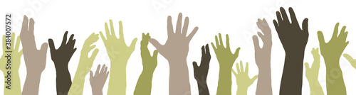 Urban-style illustration of a crowd with their hands up.